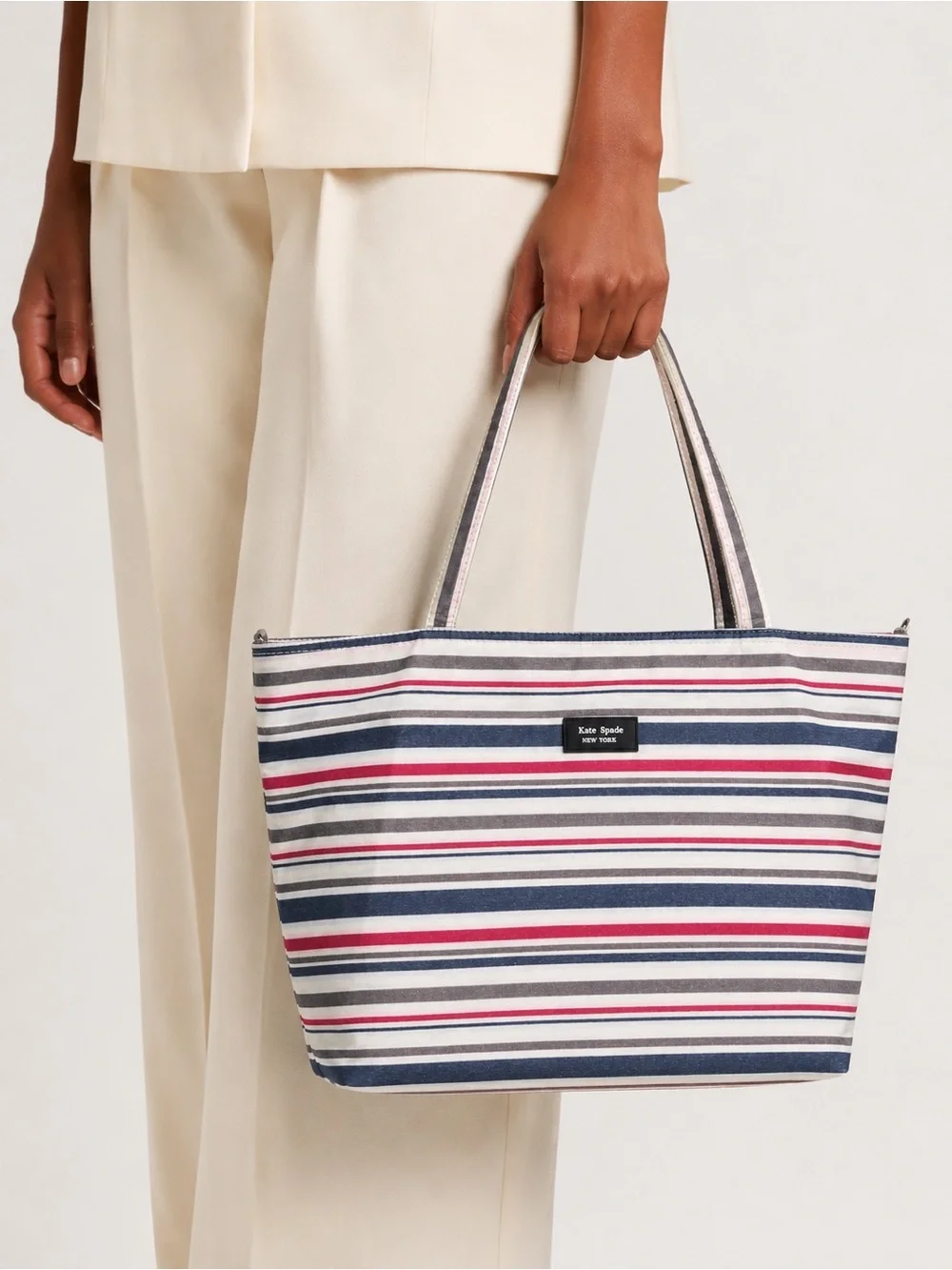 Kate Spade Striped Shoulder Bag Tote Tan Red Navy Travel Nautical Coastal Luxury